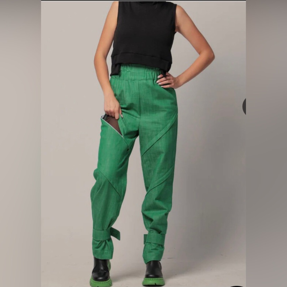 ADEPTT WOMENS PANTS KELLY GREEN WIDE LEG HIGH RISE RELAXED FIT SMALL